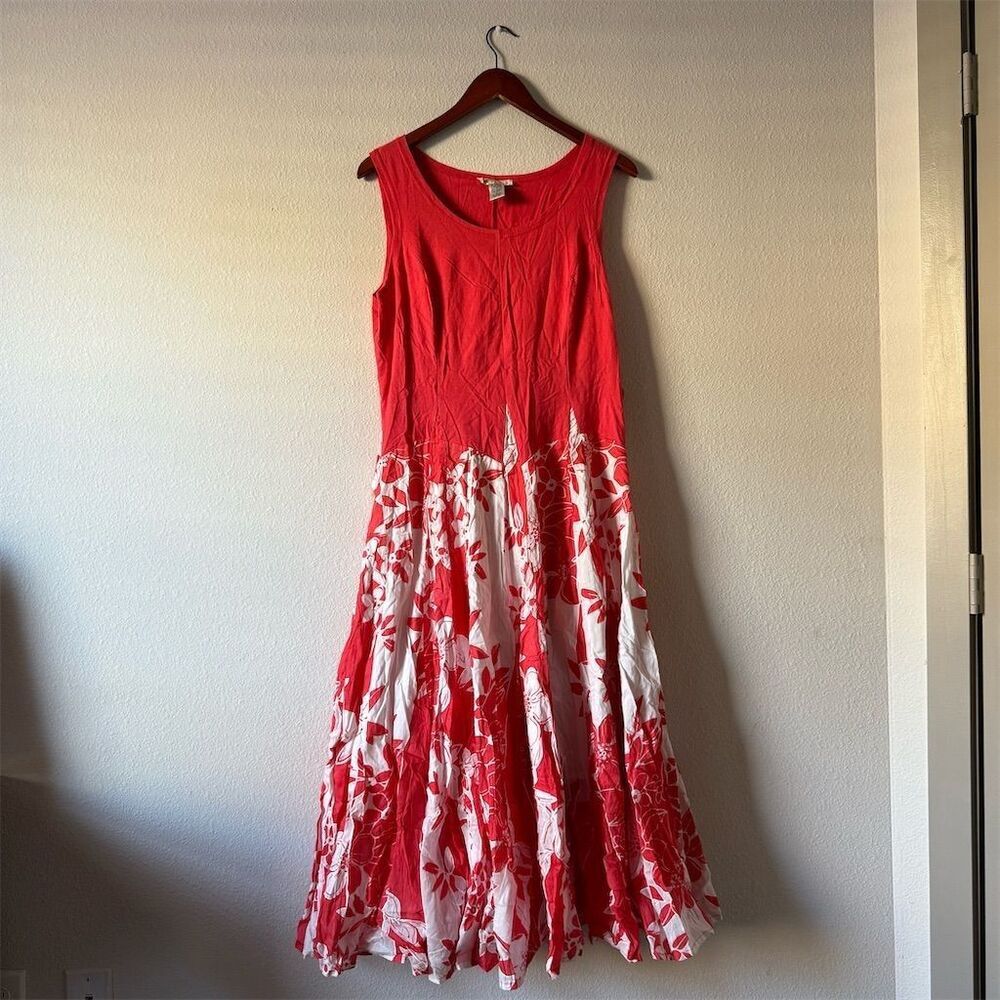 VASNA DESIRE Women's Red Floral Fit & Flare Sleeveless Midi Dress L Lagenlook